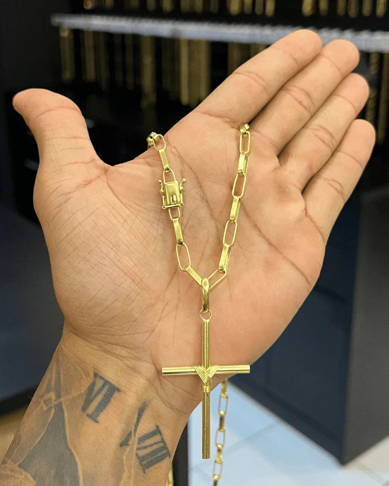 CORRENTE TIJOLINHO 5MM + PINGENTE CRUZ ENROLADA GRANDE